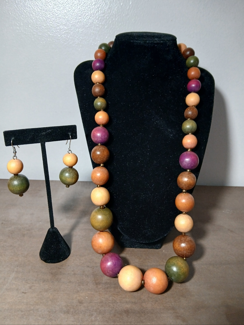 Wooden Beaded Necklace and Pierced Wire Dangle Earrings Matching Set